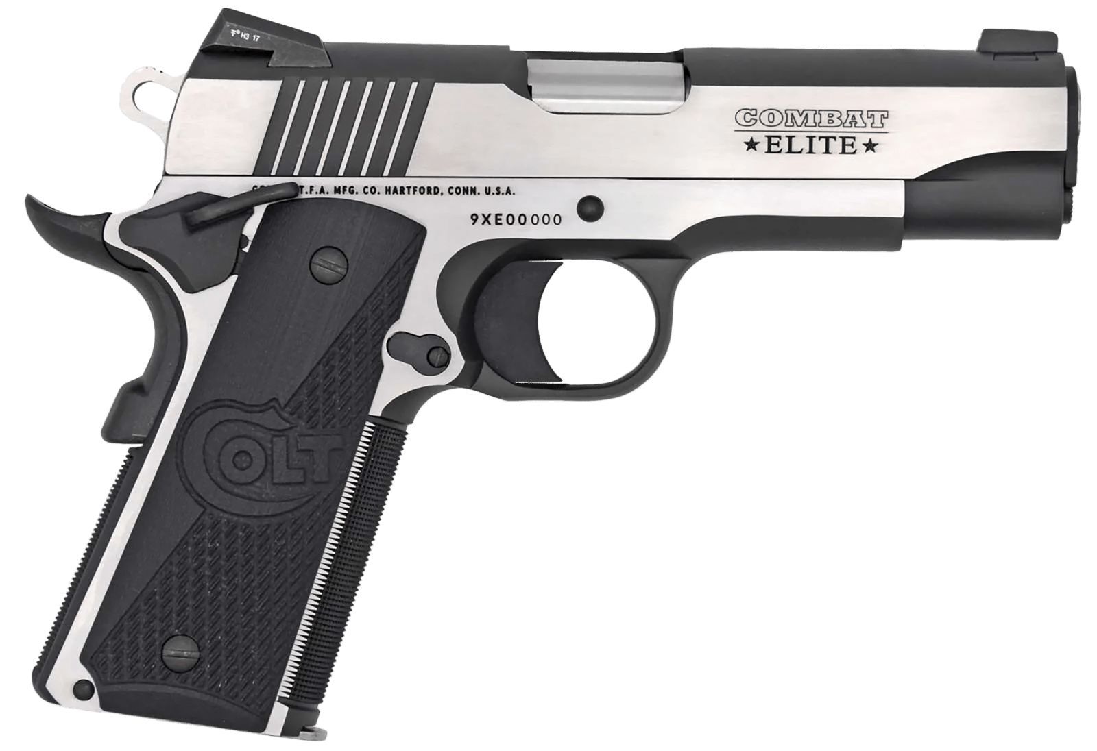 Colt Mfg O4082CE Combat Elite Commander 9mm Luger 8+1 4.25" Stainless Steel Barrel, Two-Tone Serrated Stainless Steel Slide & Frame w/Beavertail, Black Scalloped G10 Grip, Ambidextrous
