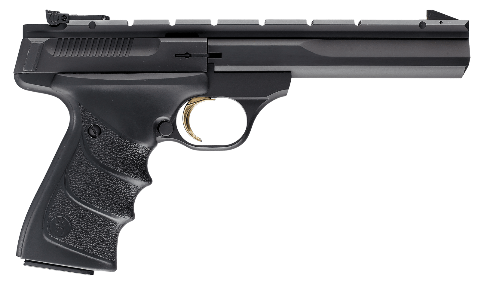 Browning 051421490 Buck Mark Contour *CA Compliant 22 LR 10+1 5.50" Black Contoured Barrel, Matte Blued Aluminum Frame & Receiver w/Rail, Black Overmolded Grip, Right Hand