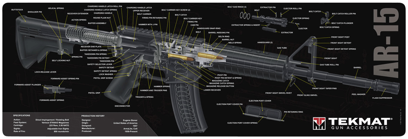 TekMat TEKR36AR15  Cleaning Mat Black/White Rubber 12"x36" AR-15 3D Cutaway