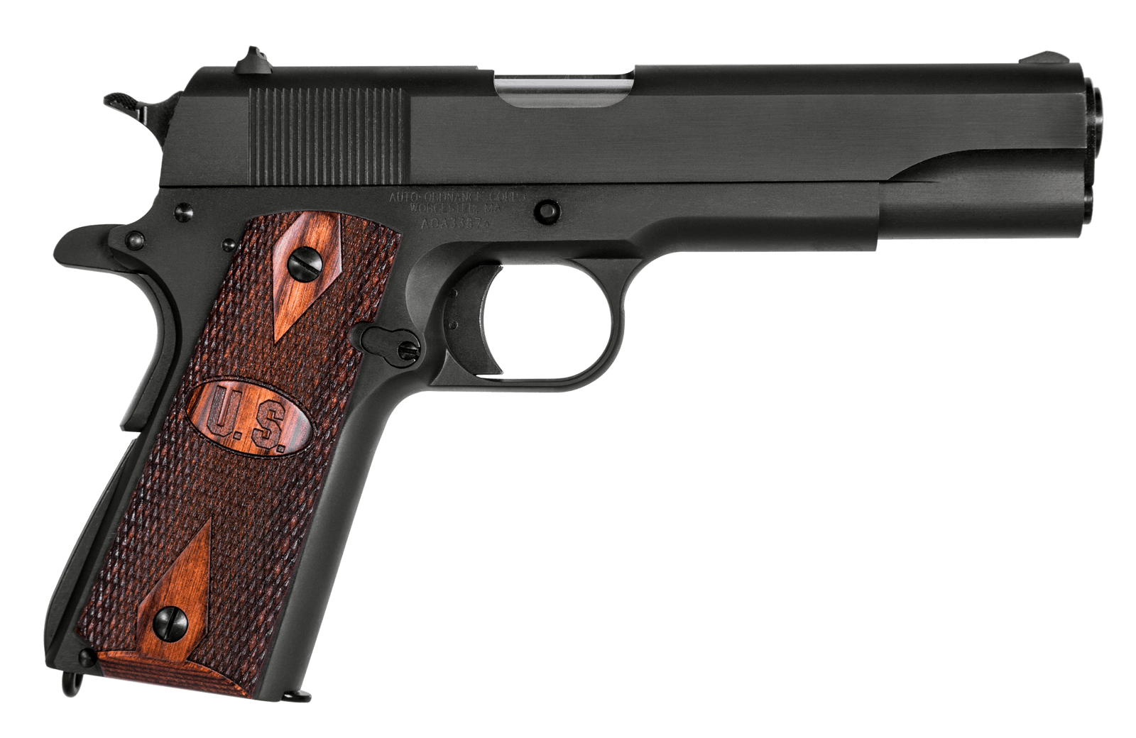 Auto-Ordnance 1911BKO9W 1911 A1 GI Spec 9mm Luger 9+1 5" Stainless Steel Barrel, Matte Black Serrated Carbon Steel Slide & Frame w/Beavertail, Checkered Wood w/Integrated US Logo Grip