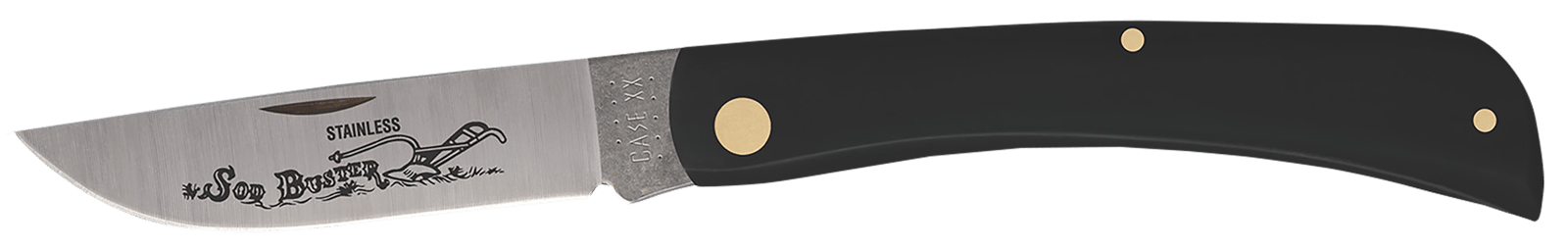 Case 00092 Sod Buster  3.70" Folding Skinner Plain Etched As-Ground Tru-Sharp SS Blade/Smooth Black Synthetic Handle