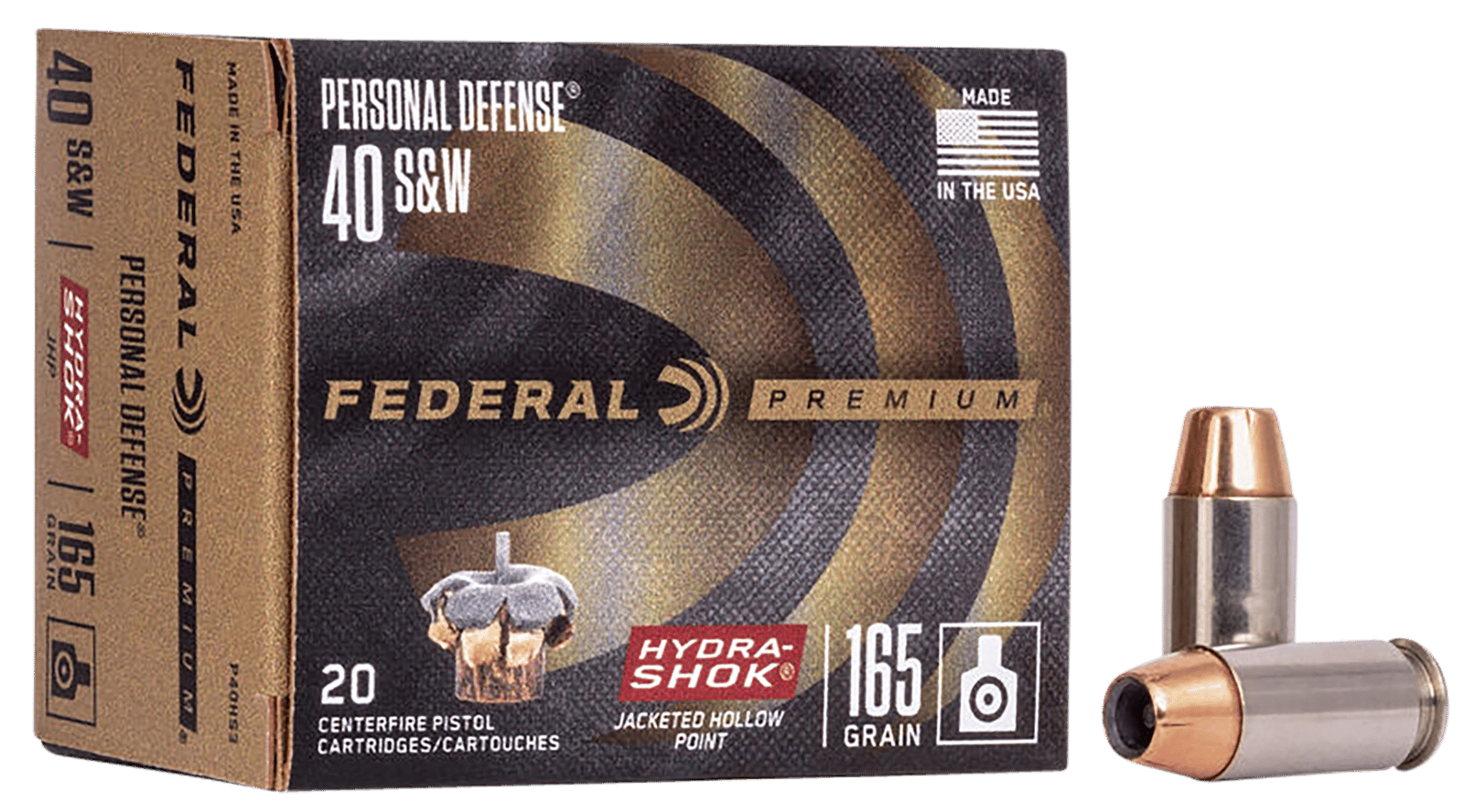 Federal P40HS3 Premium Personal Defense 40S&W 165gr Hydra-Shok Jacketed Hollow Point 20 Per Box/25 Case