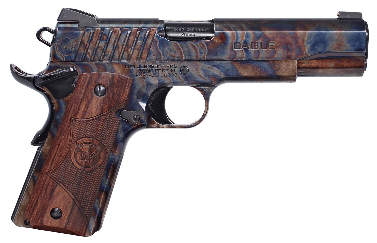 Iver Johnson Arms EAGLECC Eagle Gen2 CC Government 45 ACP 8+1 5" Polished Black PVD Crowned Barrel, Color Case Hardened Steel Serrated Slide & Steel Frame w/Beavertail, Dymondwood Engraved w/Logo Grip