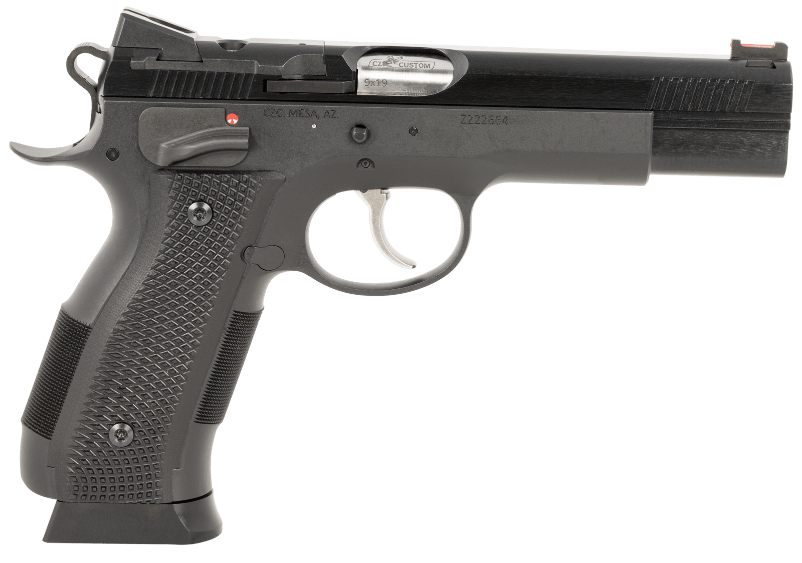 CZ-USA 91732 A01-SD  9mm Luger 19+1 4.93" Blued Match Grade Bull Barrel, Blued Optic Ready/Serrated Steel Slide, Blued Steel Frame w/Beavertail, Black Checkered Polymer Grip