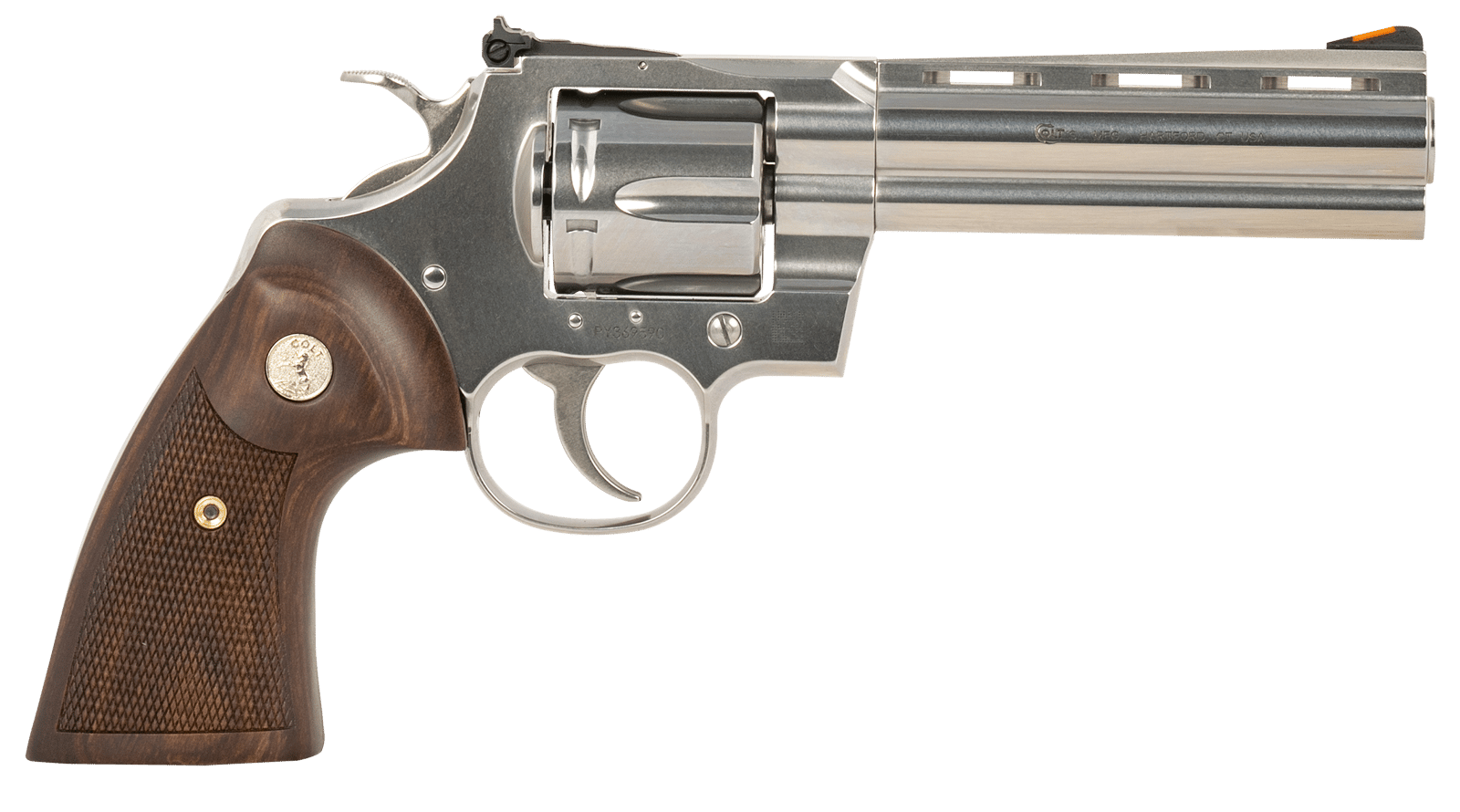 Colt Mfg PYTHONSP5WTS Python  357 Mag/38 Special 6 Shot 5" Stainless Recessed Target/Vent Rib Barrel, Stainless Cylinder & Frame, Walnut w/Colt Medallion Grip