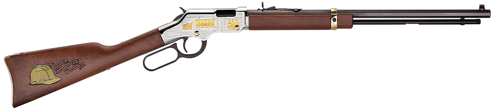 Henry H004AC American Construction  22 S/L/LR, 16 LR/21 Short Capacity, 20" Blued Octagon Barrel, Nickel-Plated w/24K Gold Inlay Engraved Steel Drilled & Tapped Receiver, Walnut w/Gold Accent Fixed Wo