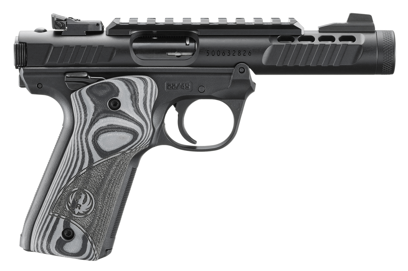 Ruger 43959 Mark IV 22/45 Lite 22 LR 10+1 4.40" Black Stainless Steel Non-Threaded Barrel, Black Anodized Receiver w/Picatinny Rail, Black Polymer Frame, Black/Gray G10 Grip