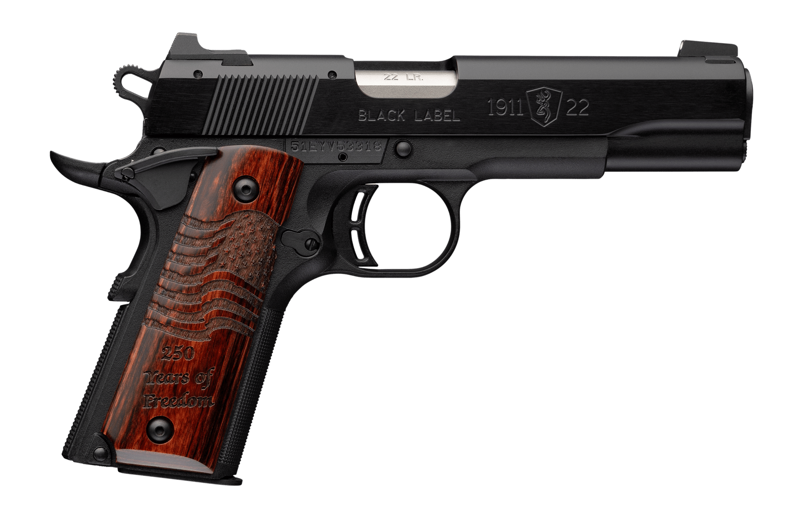 Browning 051071490 1911 Black Label Medallion 250 Full Size 22 LR 10+1 4.25" Matte Stainless Barrel, Black Anodized Aluminum Serrated Slide, Matte Black Polymer Frame, Engraved Rosewood Grip