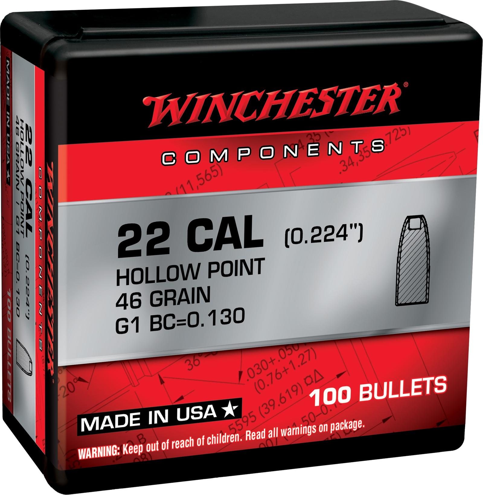 Winchester Ammo WB22HP46X Reloading Bullets  22Hornet 46gr Hollow Point 100 Per Box/10 Case