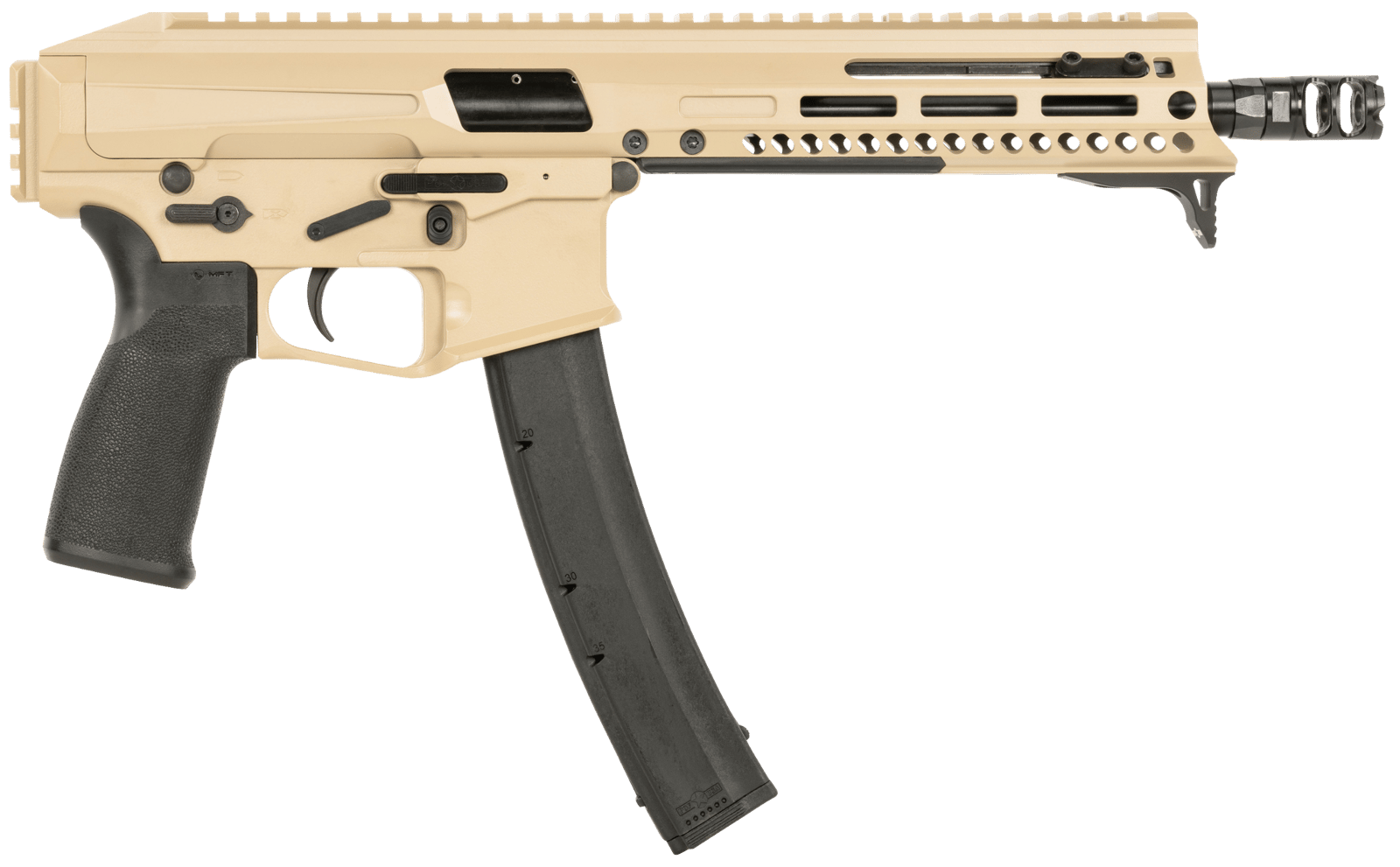 Patriot Ordnance Factory 01926 Phoenix  9mm Luger 35+1 8", Flat Dark Earth Rec/M-LOK Handgaurd, Black MFT Grip, Picatinny Stock Adapter, Muzzle Brake, Includes Hand Stop