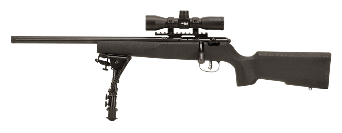 Savage Arms 13836 Rascal Target XP Youth 22 LR 1rd 16.13" Black Satin Heavy Threaded Barrel, Satin Black Drilled & Tapped Carbon Steel Receiver, Matte Black Fixed Wood Stock, 4x32mm Scope & Bipod, Lef