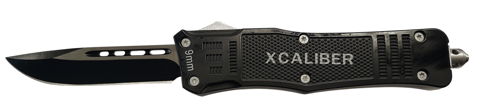 Xcaliber Knife Company  9mm  Large 3.80" OTF Drop Point Black 440C SS Blade, 5.30" Steel Handle