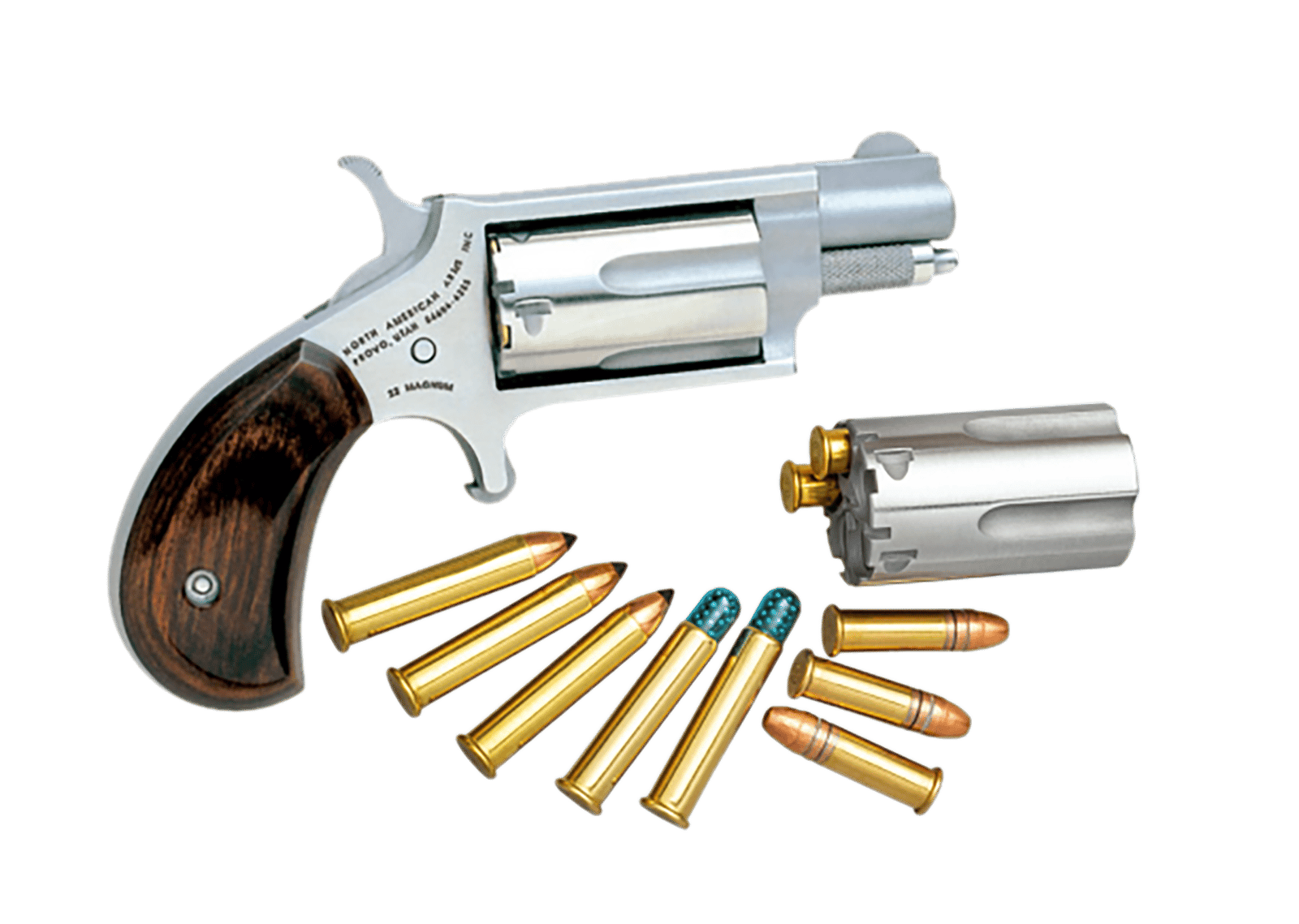 North American Arms 22MSC Mini-Revolver  22 LR/22 WMR 5 Shot 1.13" Stainless Steel Barrel, Frame & Cylinder, Rosewood Birdshead Grip Exposed Hammer