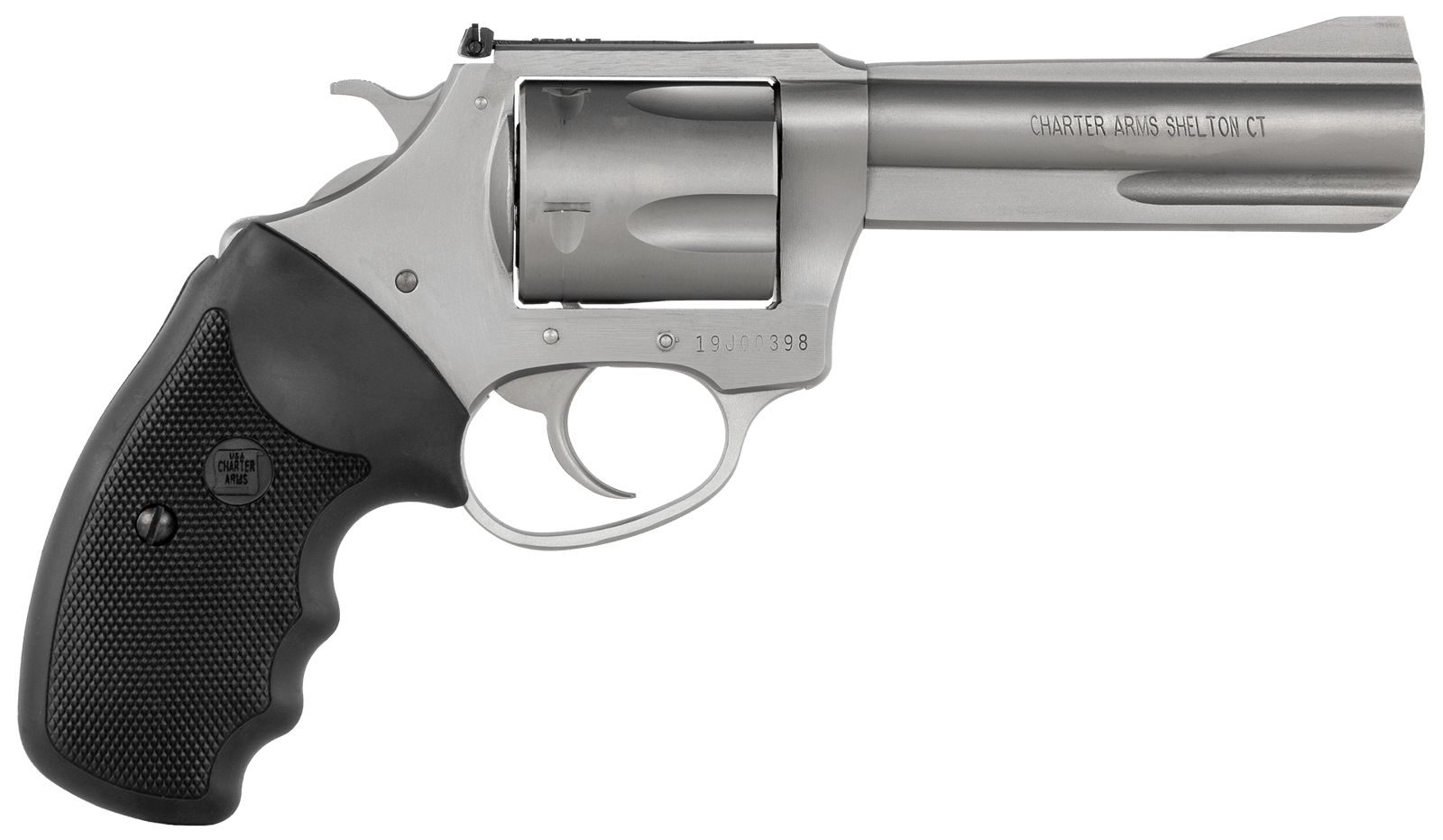 Charter Arms 79942 Pitbull  Large 9mm Luger 5 Shot 4.20" Matte Stainless Steel Barrel, Cylinder & Frame w/Black Finger Grooved Rubber Grip