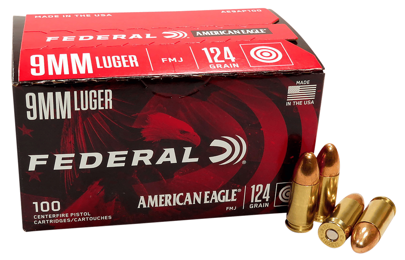 Federal AE9AP100 American Eagle Handgun 9mmLuger 124gr Full Metal Jacket 100 Per Box/5 Case