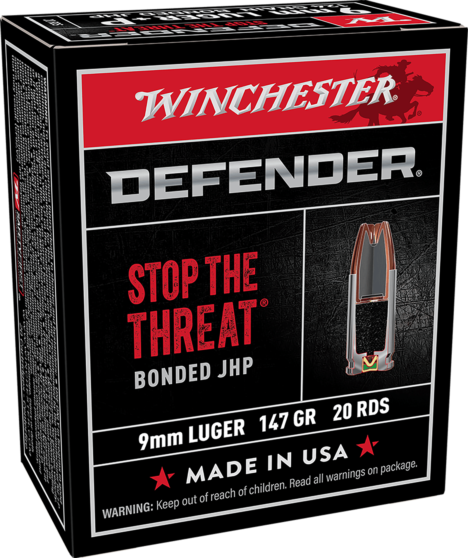 Winchester Ammo S9MMPDB1 Defender  9mmLuger 147gr Bonded Jacket Hollow Point 20 Per Box/10 Case