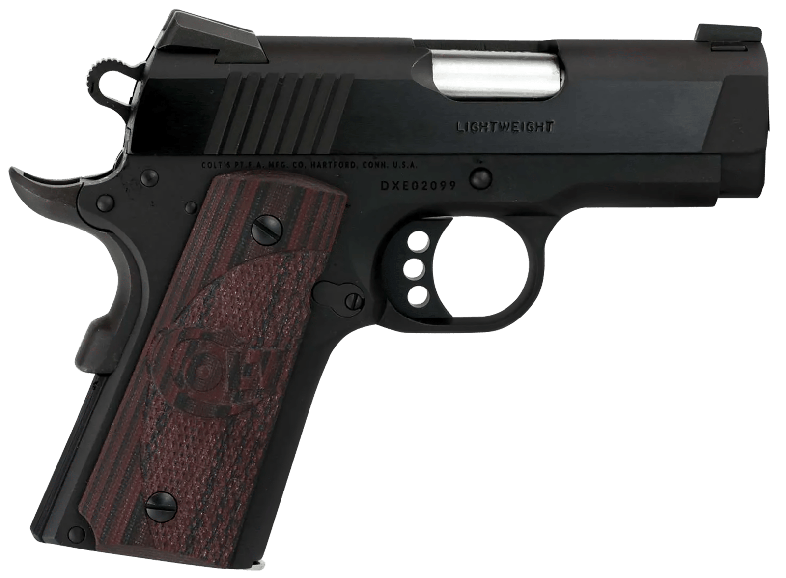Colt Mfg O7802XE Defender  Compact Frame 9mm Luger 8+1 3" Black Steel Barrel, Blued Serrated Steel Slide, Matte Black Cerakote Aluminum Frame w/Beavertail, Black Cherry Tactical G10 Grip, Ambidextrous