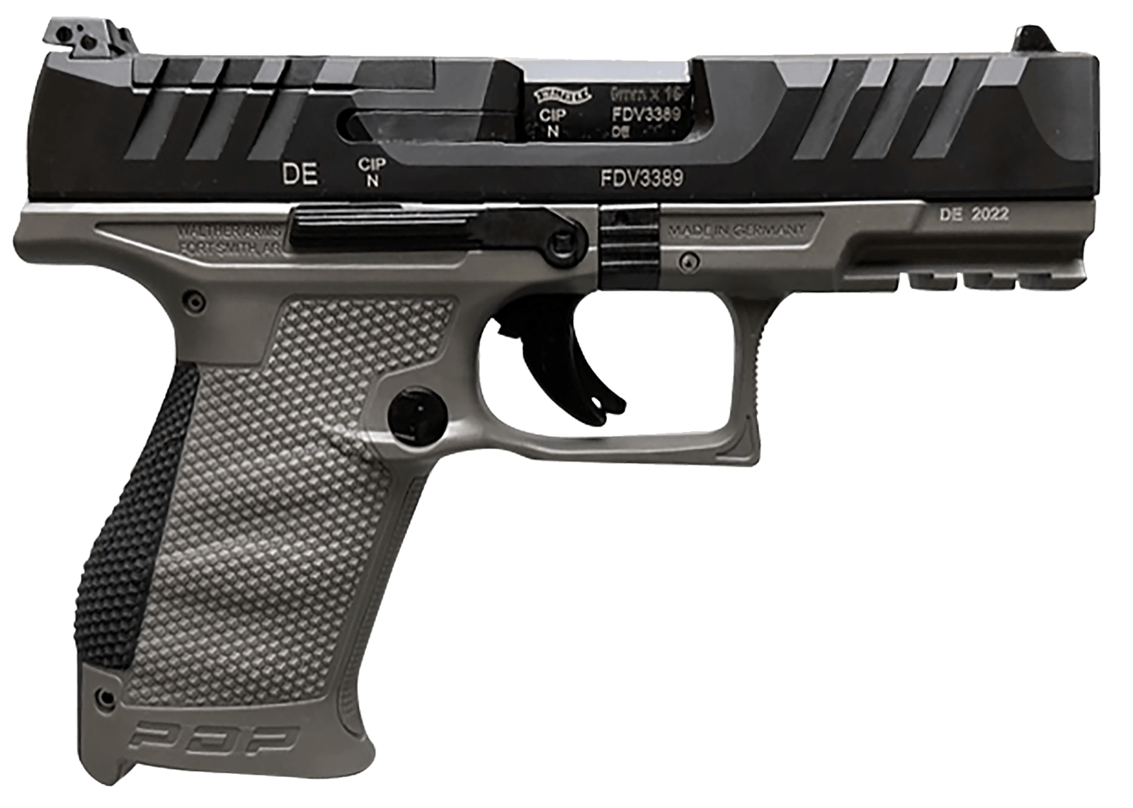 Walther Arms 2858436 PDP  Compact Frame 9mm Luger 15+1 4" Black Steel Barrel, Black Optic Ready/Serrated Steel Slide, Gray Polymer Frame w/Picatinny Rail, Textured Polymer Grip, Ambidextrous