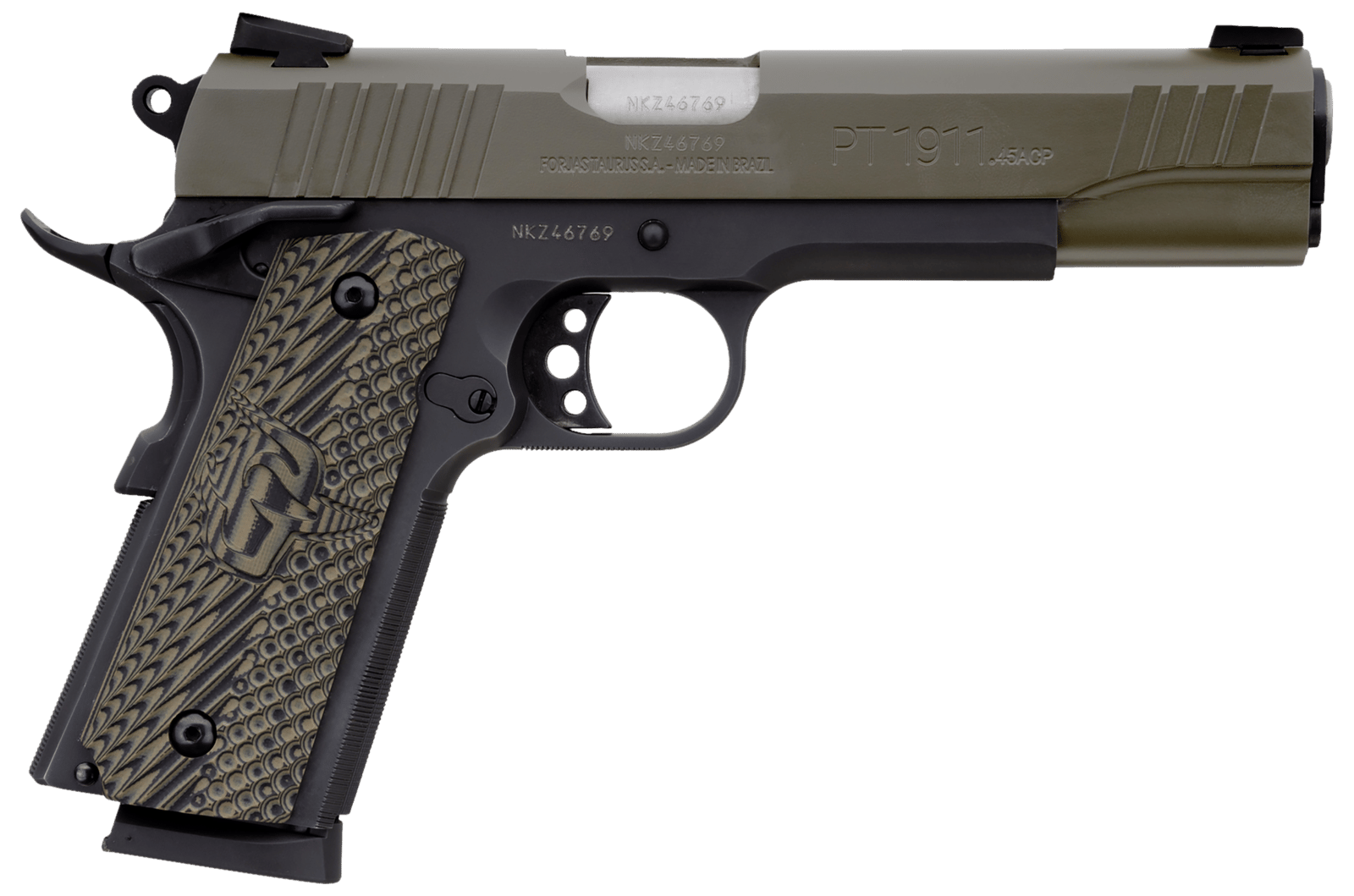 Taurus 1191101MGVZ 1911  45 ACP 8+1 5" Barrel, Matte Black Finish Beavertail Frame, Serrated Mil-Spec Green Cerakote Slide & Brown VZ Operator II Grip