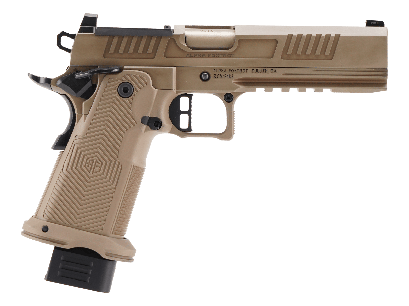 Alpha Foxtrot AA39X1EID-XDFE19 AF1911 Romulus 9mm Luger 20+1 5" Black Bull Ramped Barrel, Black DLC Stainless Steel Optic Ready/Serrated Slide & Frame w/Beavertail & Picatinny Rail, Polymer Grip, RMR/