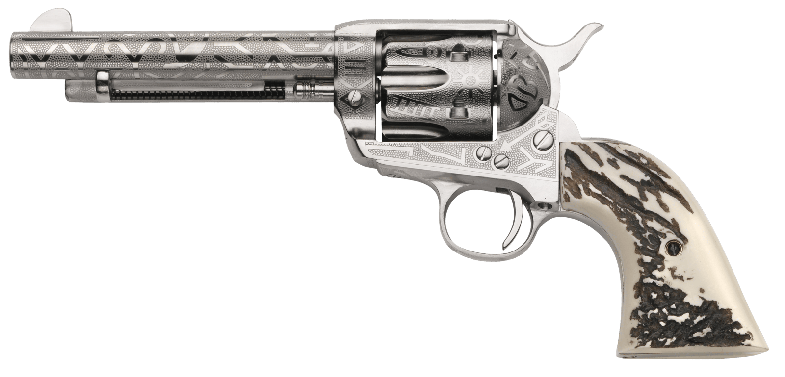 Taylors & Company 200063 1873 Cattle Brand 45 Colt (LC) Caliber with 5.50"  Barrel, 6rd Capacity Cylinder, Overall Nickel-Plated Engraved Finish Steel & Imitation Stag Grip