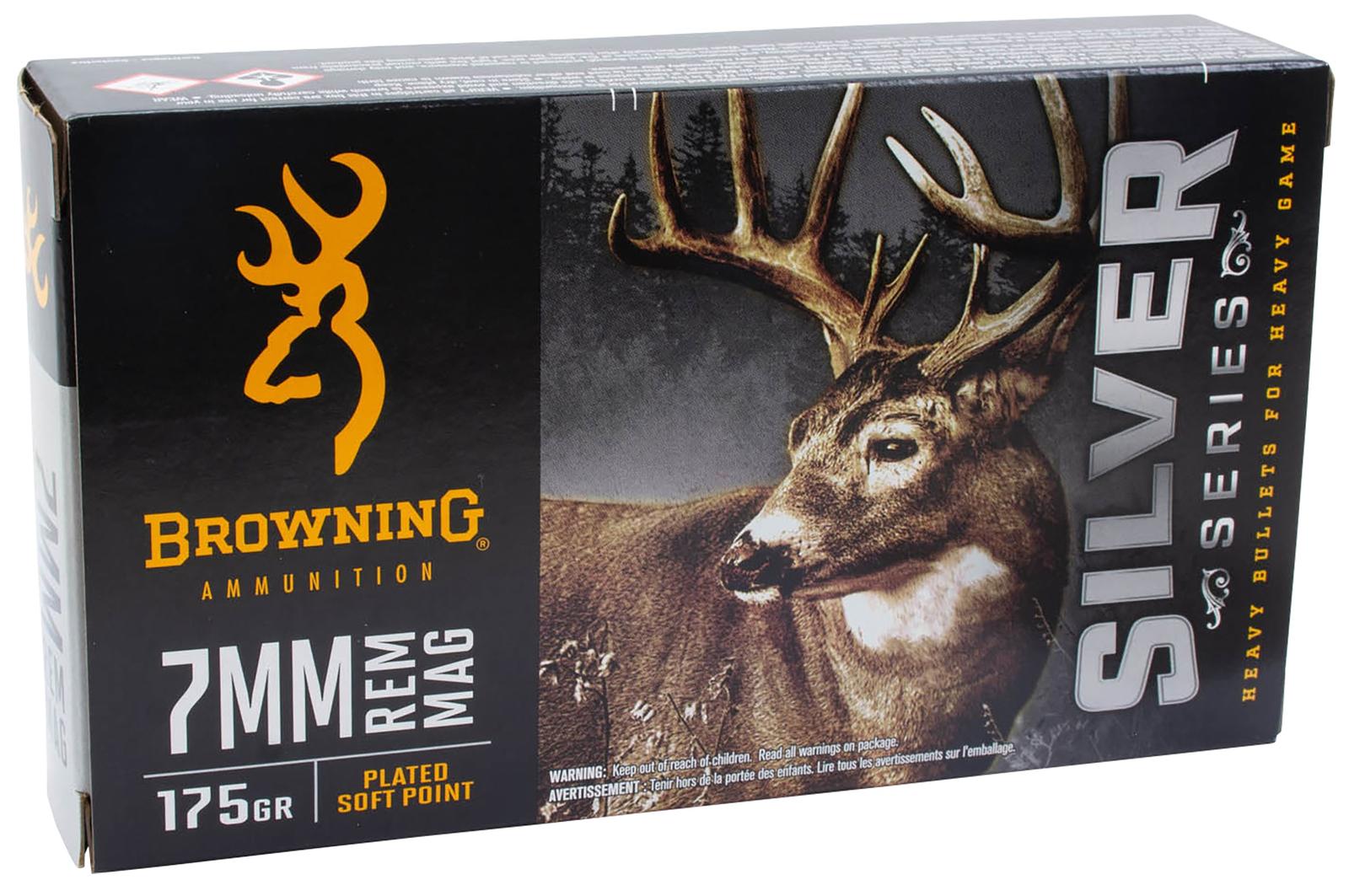 Browning Ammo B192600071  Silver 7mmRem Mag 175gr Plated Soft Point 20 Per Box/10 Case