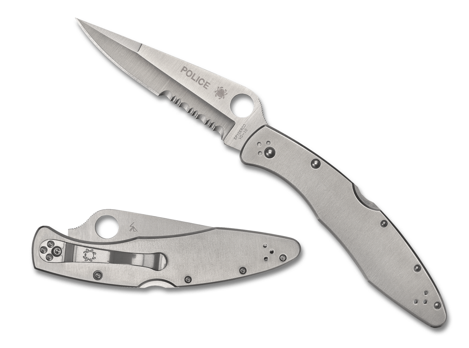 Spyderco C07PS Police  4.13" Folding Plain Satin VG-10 SS Blade/Satin Stainless Steel Handle Includes Pocket Clip