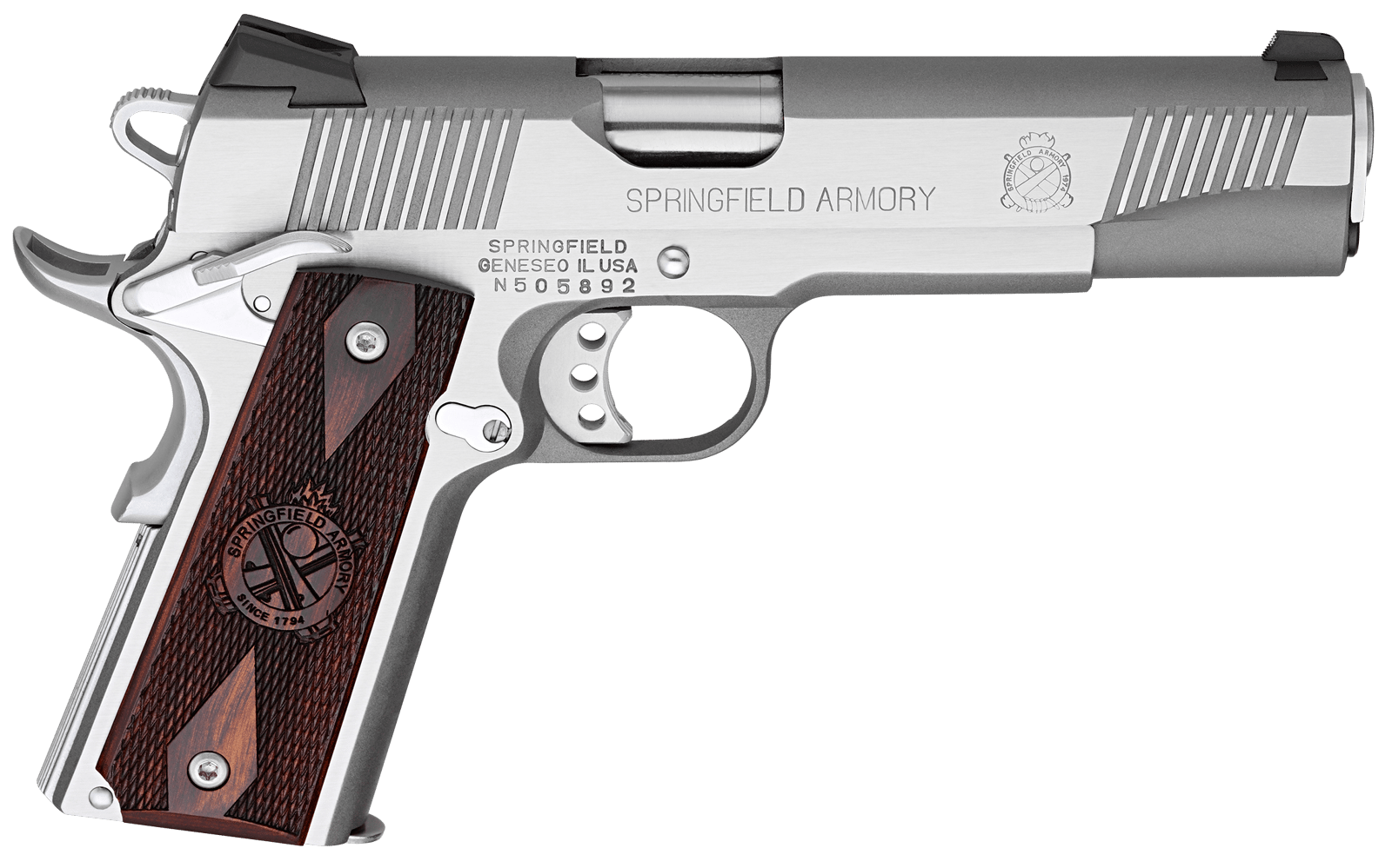 Springfield Armory PX9151LCA 1911 Loaded *CA Compliant 45 ACP 7+1 5" Stainless Match Grade Barrel, Serrated Slide & Frame w/Beavertail, Crossed Cannon Cocobolo Grip