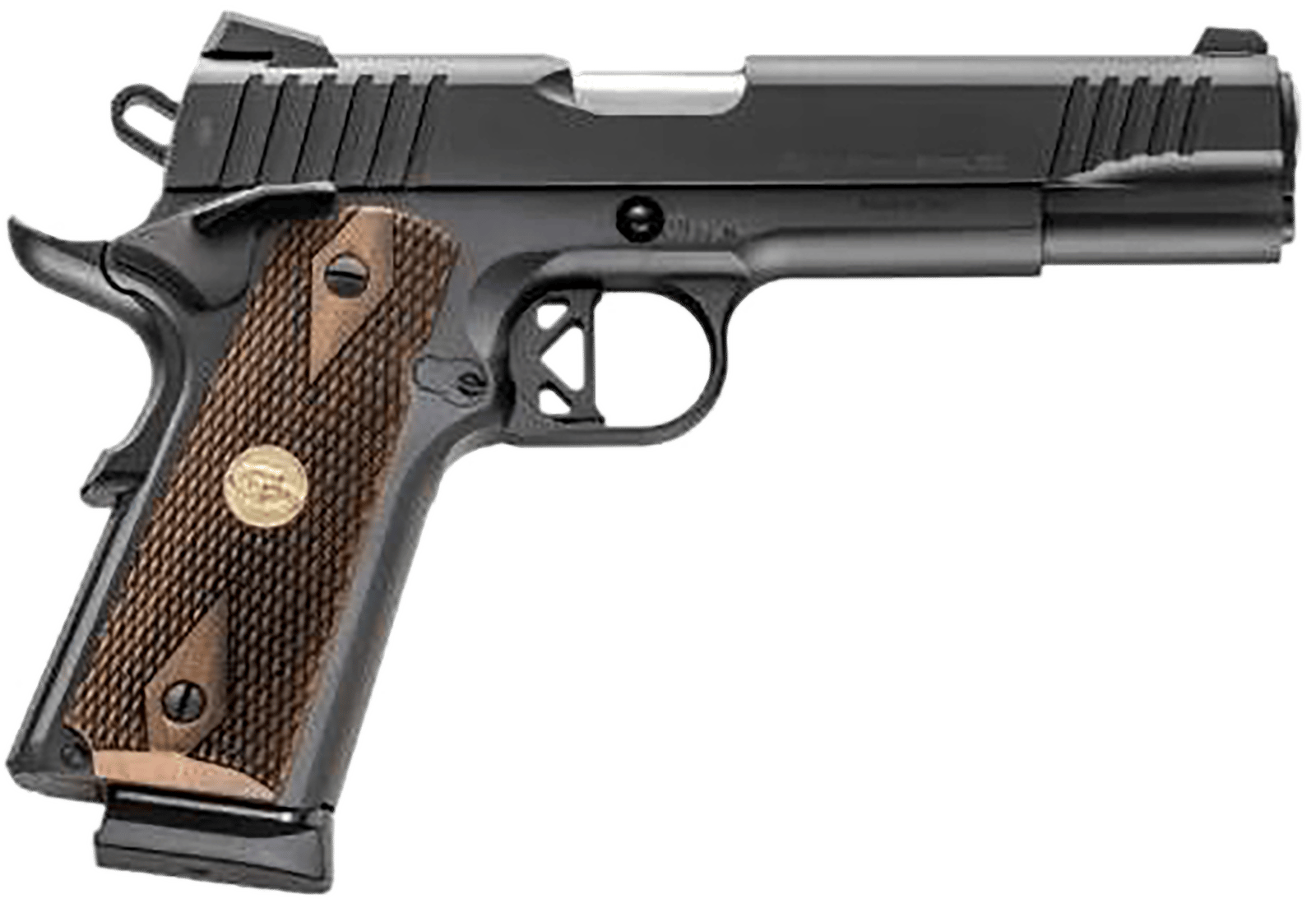 Chiappa Firearms 440211 1911 Superior Full Size 45 ACP 8+1 5" Stainless Steel Barrel, Black Steel Optic Ready/Serrated Slide & Frame w/Beavertail, Walnut Diamond Checkered Grip, RMR/RMSc Footprint