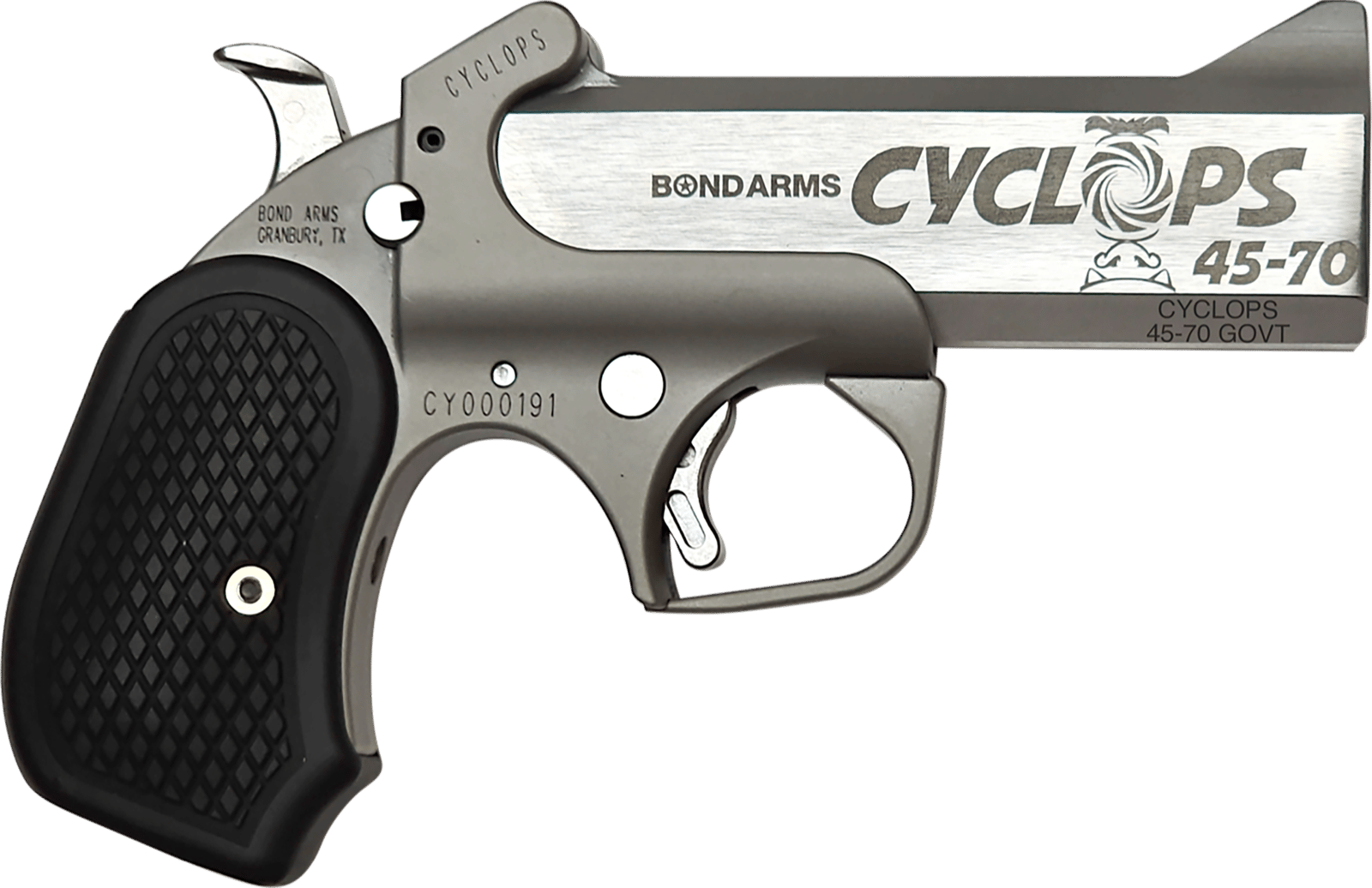 Bond Arms BACY Cyclops Big Bore 45-70 Gov 1rd Shot 4.25" Stainless Stainless Steel Barrel Matte Stainless Black Extended B6 Resin Grips Right Hand