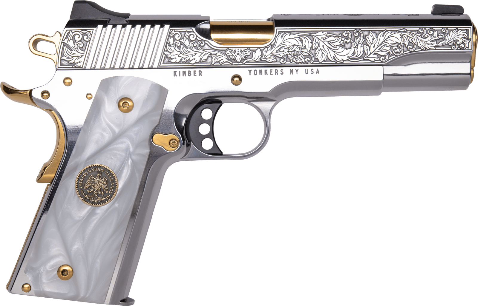 Cnc Firearms CNCPATRIA Kimber 1911 Patria 38 Super 9+1 Gold Plated PVD Barrel, Polished Stainless Steel Engraved/Serrated Slide, Stainless w/Gold Accents Frame, Pearl Grip