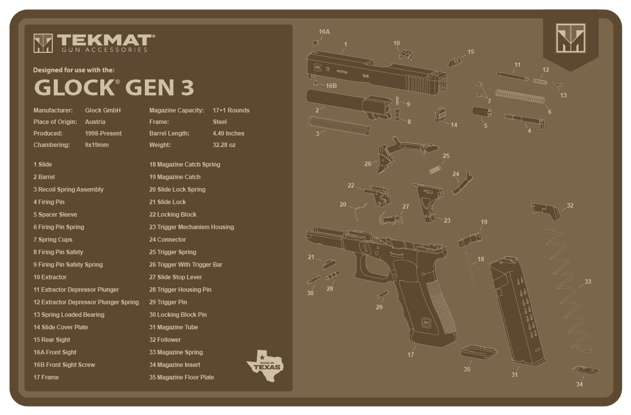 TekMat TEKR17GLOCKG3FDE Glock Gen 3 Cleaning Mat Flat Dark Earth Rubber 11"x17" Glock Gen 3 Parts Diagram
