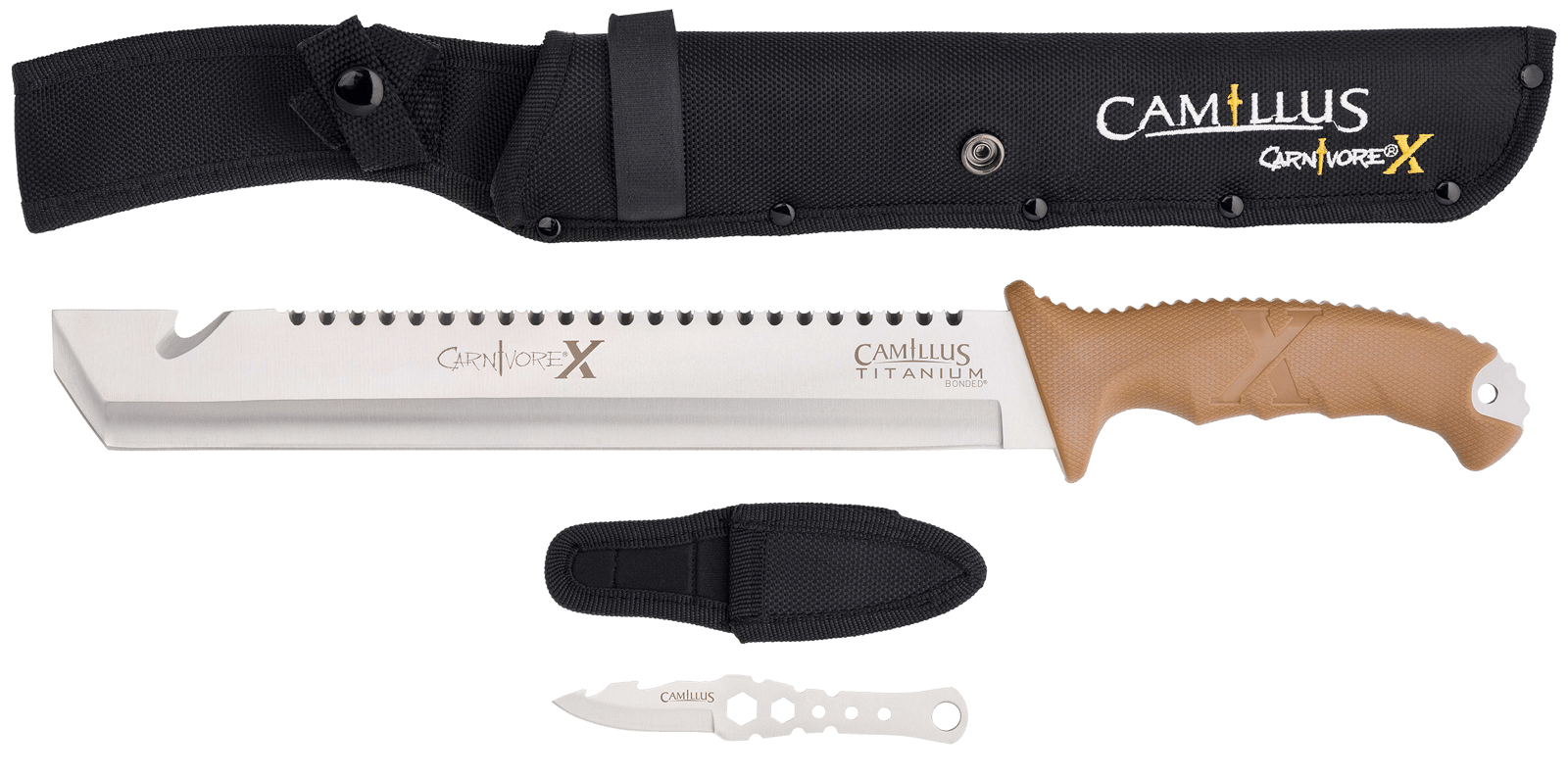 Camillus 19236-003 Carnivore  12" Silver Ti Bonded 440 SS Blade, Brown ABS Handle, 18" Long  Includes Sheath