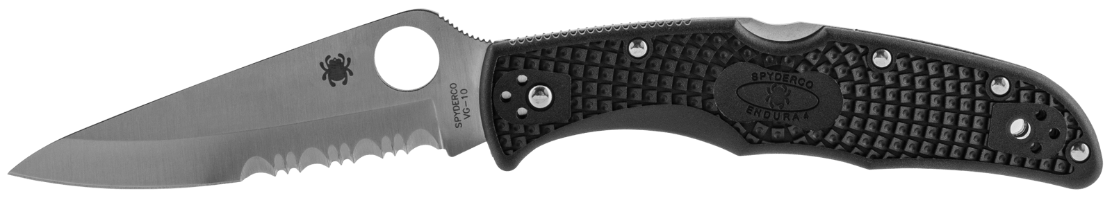 Spyderco C10PSBK Endura 4 Lightweight 3.75" Folding Drop Point Part Serrated VG-10 SS Blade Black  Textured FRN Handle Includes Pocket Clip