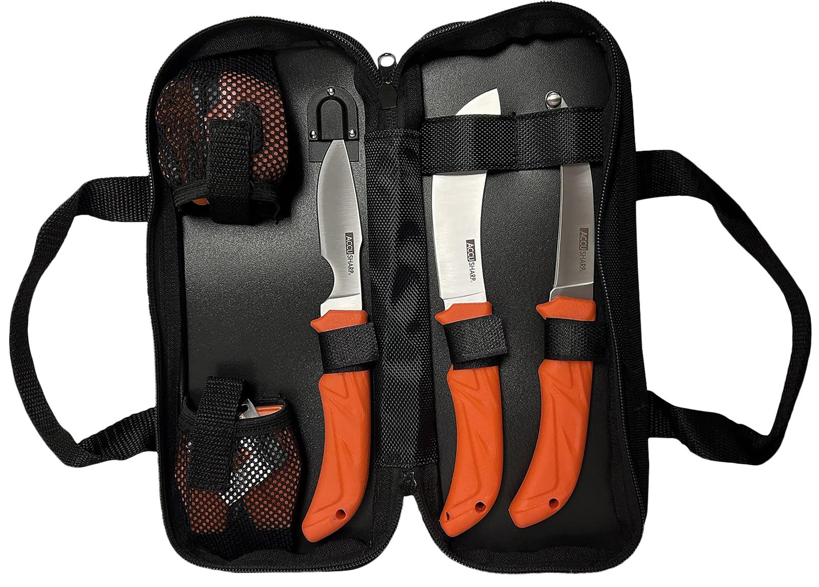 AccuSharp 738C Processing Kit  Fixed Butcher/Caping/Gutting Plain Stainless Steel Blades/Blaze Orange Non-Slip Grip 6 Piece Includes Nylon Case