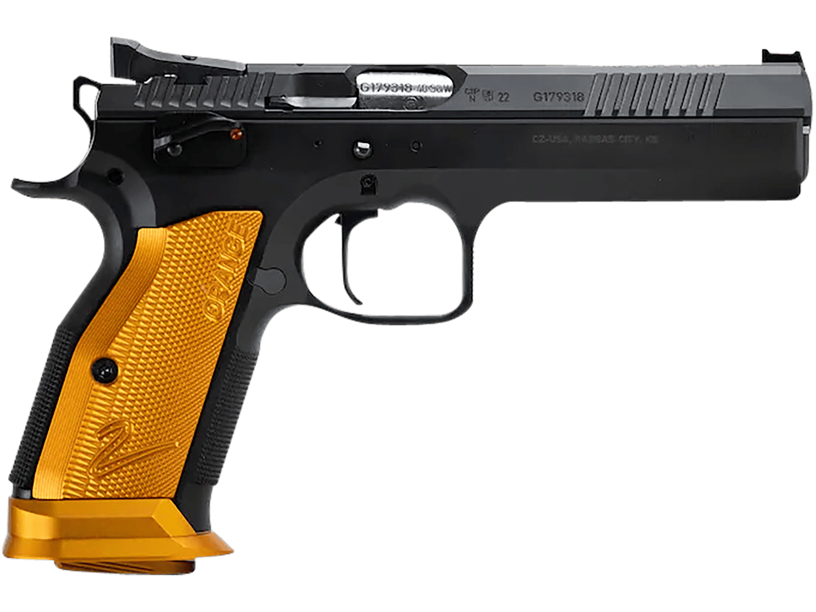 CZ-USA 91266 TS 2  9mm Luger 20+1 5.28" Stainless Bull Barrel, Black Serrated Steel Slide, Black Polycoat Steel Frame w/Beavertail, Orange Checkered Aluminum Grip