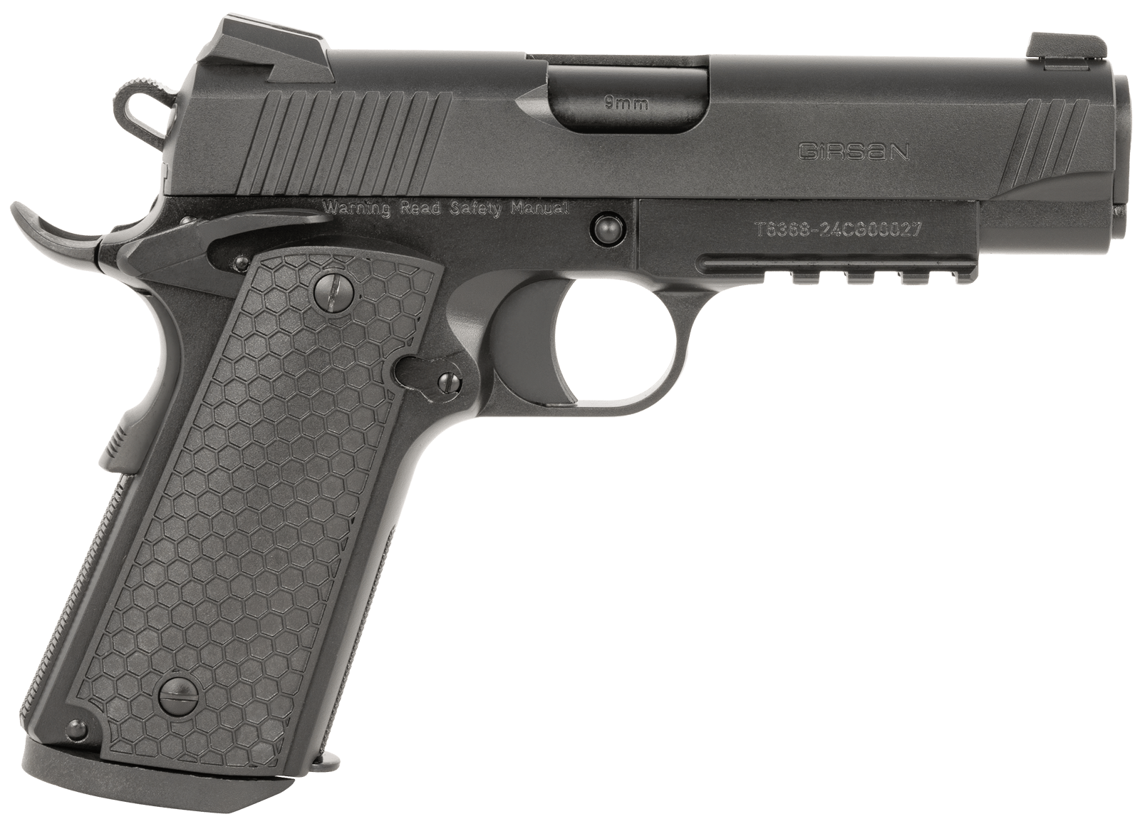Girsan 392070 MC1911 C Untouchable Compact Frame 45 ACP 8+1 4.40" Black Steel Barrel, Black Serrated Steel Slide & Frame w/Beavertail & Picatinny Rail, Black Polymer Grip