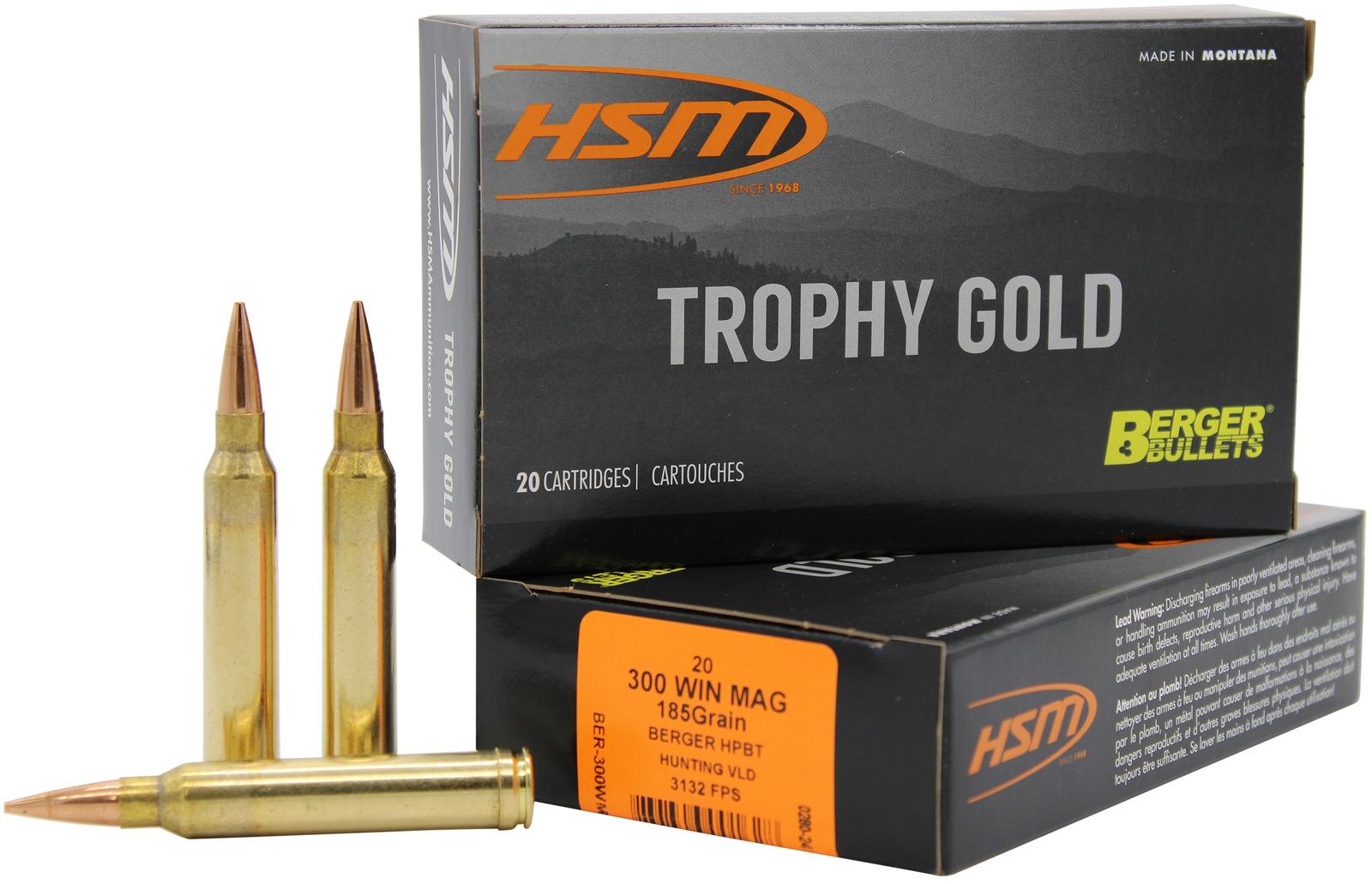 HSM 300WM185VLD Trophy Gold Extended Range 300 Win Mag 185 gr Berger Hunting VLD Match 20 Per Box/ 20 Case