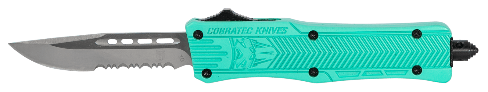 CobraTec Knives STFCTK1SDS CTK-1  Small 2.75" OTF Drop Point Part Serrated D2 Steel Blade/ Tiffany Blue Aluminum Handle Features Glass Breaker Includes Pocket Clip