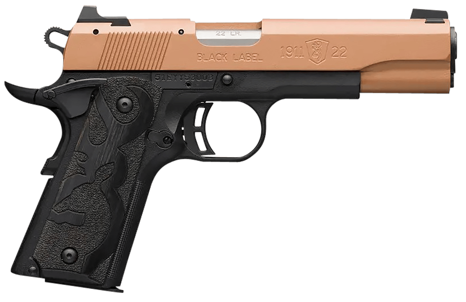 Browning 051895490 1911 Black Label Full Size Frame 22 LR 10+1, 4.25" Matte Stainless Steel Barrel, Copper Cerakote Serrated Slide, Matte Black Polymer Frame w/Beavertail, Black Laminate Wood Grip