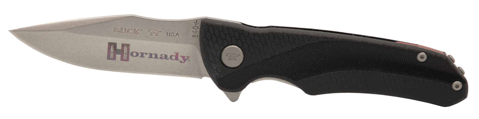 Hornady 99143   Folding Plain Satin w Laser Engraved Logo 420HC SS Blade Black GFN Handle Includes Pocket Clip
