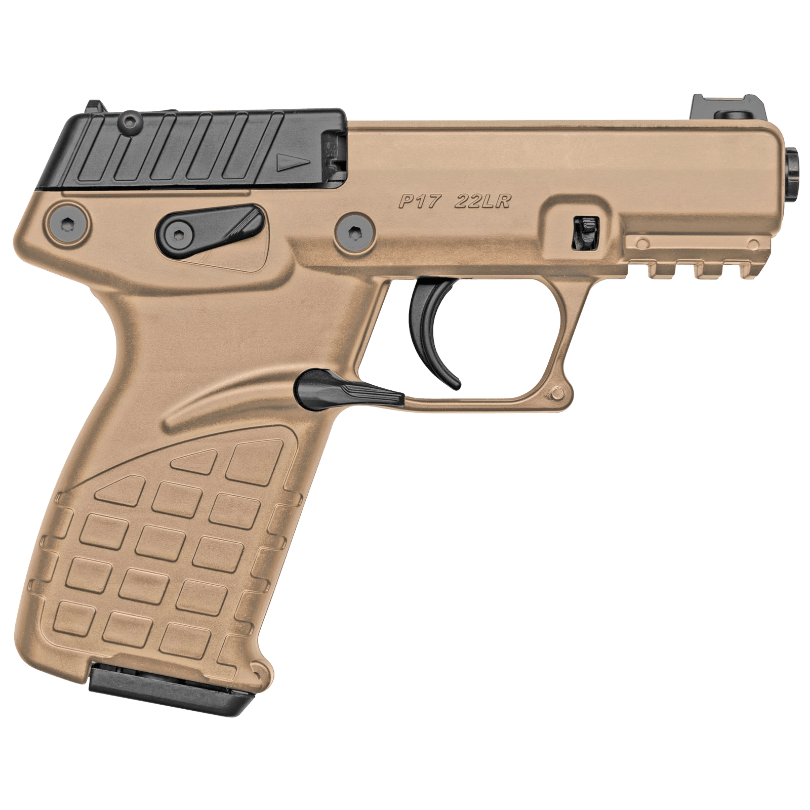 Kel-Tec P17BTAN P17  Compact Frame 22 LR 16+1 3.80" Black Steel Threaded Barrel, Tan Serrated Slide, Tan w/Black Controls Polymer Frame w/Picatinny Rail, Textured Grip, Ambidextrous