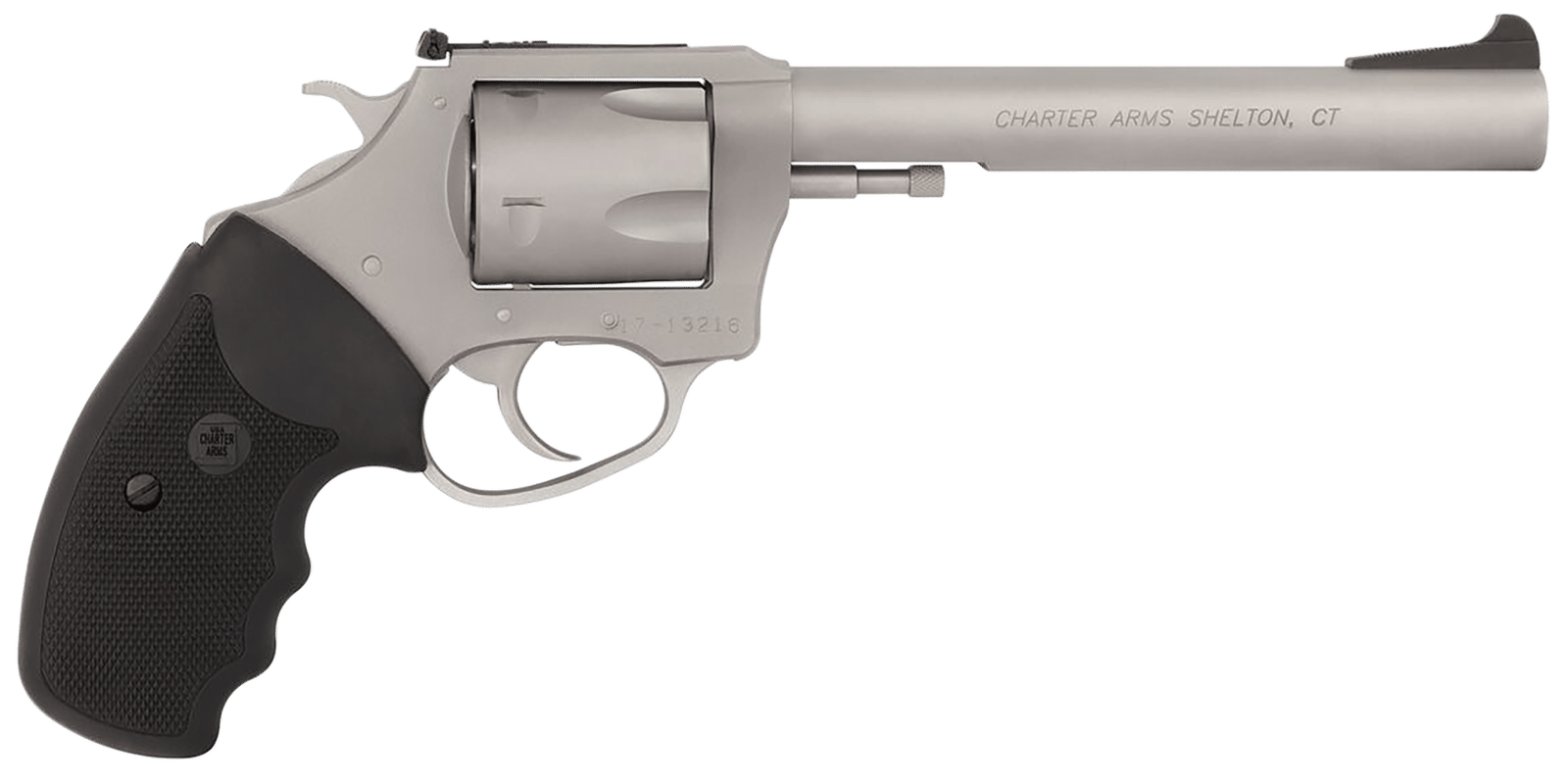 Charter Arms 79960 Pitbull  Large 9mm Luger, 5 Shot 6" Matte Stainless Steel Barrel, Cylinder & Frame w/Black Finger Grooved Rubber Grip