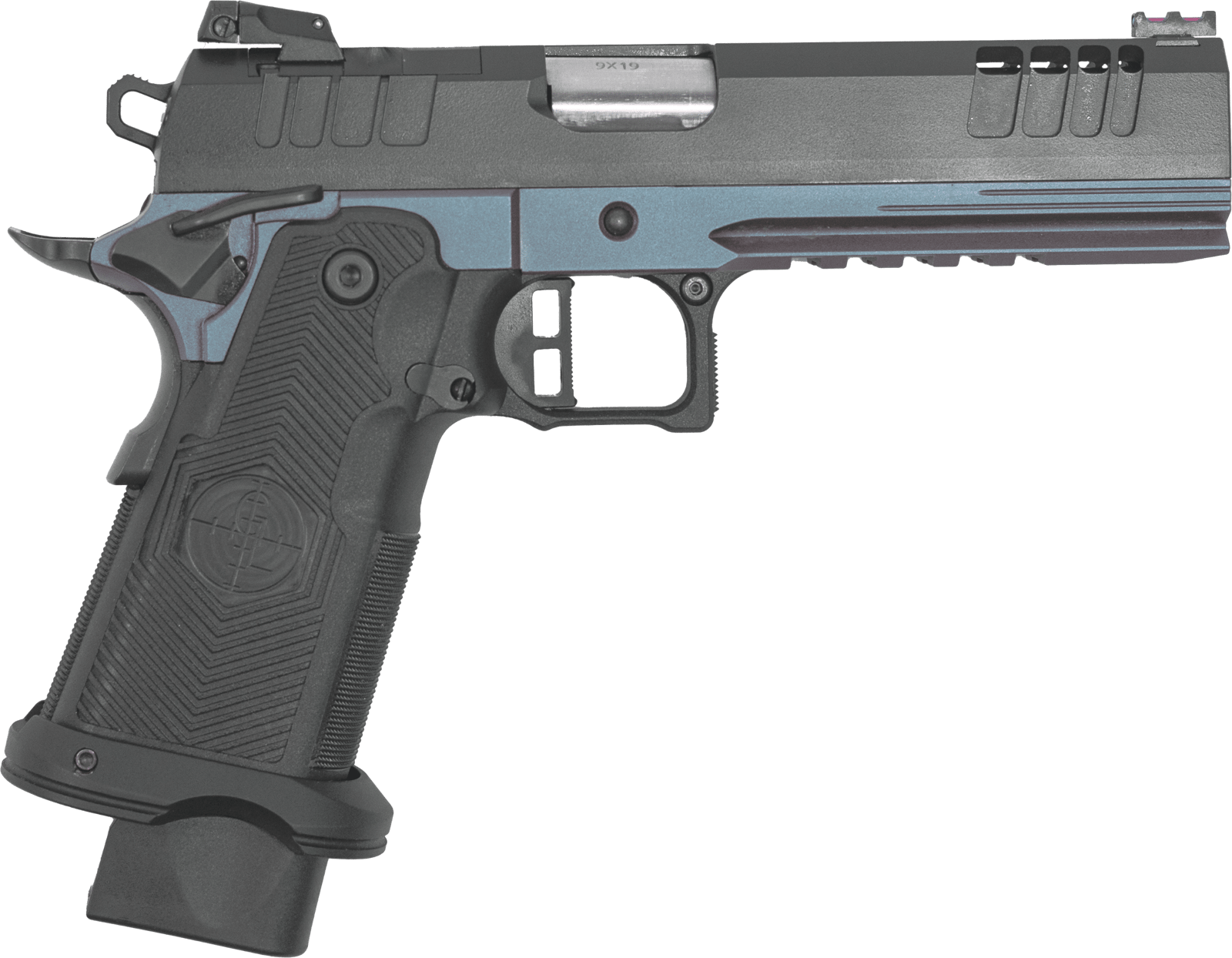 Great Lakes Firearms GL1911DS9FSSBLU 1911 DS Synergy 9mm Luger 20+1 5" Optic Cut/Serrated Cerakote Black Molded Grip Blue Titanium Frame
