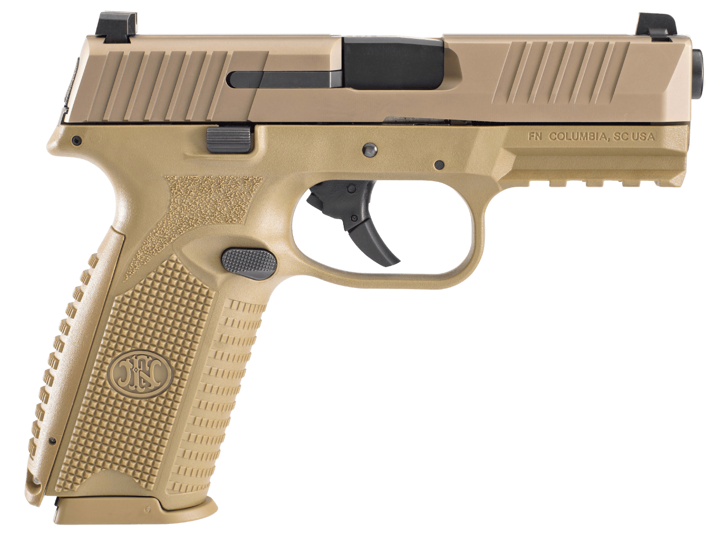 FN 66100489 509  9mm Luger 17+1 4" Black Target Crown Steel Barrel, Flat Dark Earth Serrated Stainless Steel Slide & Polymer Frame w/Picatinny Rail, FDE Interchangeable Backstrap Grip, Ambidextrous
