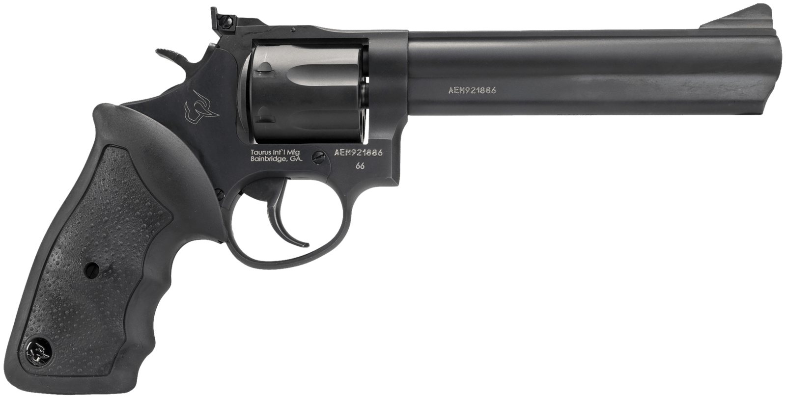 Taurus 2-660061 66  Medium 357 Mag/38 Special +P 7 Shot 6" Matte Black Oxide Alloy Steel Barrel, Cylinder & Frame, Black Finger Grooved Rubber Grip, Transfer Bar Safety, Exposed Hammer