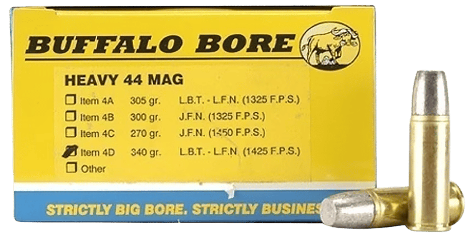 Buffalo Bore Ammunition 4D20 Heavy Strictly Business 44Rem Mag +P+ 340gr Lead Flat Nose 20 Per Box/12 Case