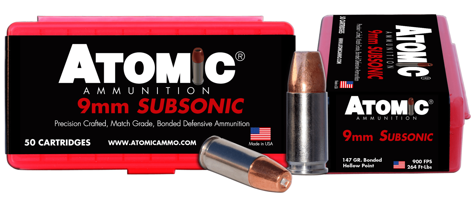 Atomic Ammunition 00438 Pistol Subsonic 9mmLuger 147gr Bonded Match Hollow Point 50 Per Box/10 Case
