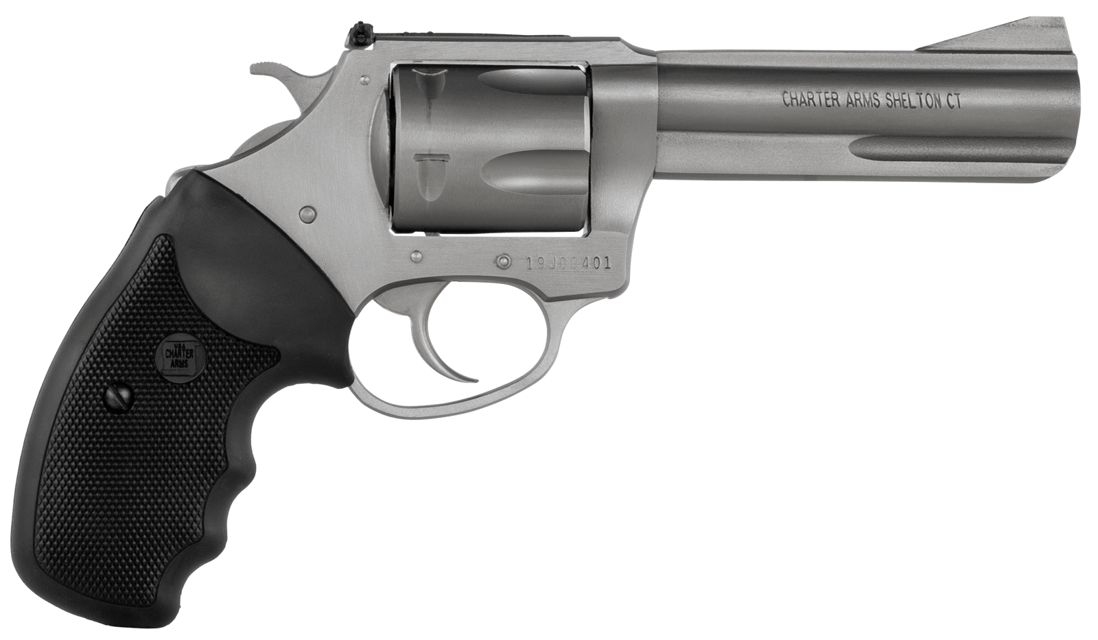 Charter Arms 74042 Pitbull  40 S&W 5 Shot 4.20" Matte Stainless Steel Barrel, Cylinder & Frame w/Black Finger Grooved Rubber Grip