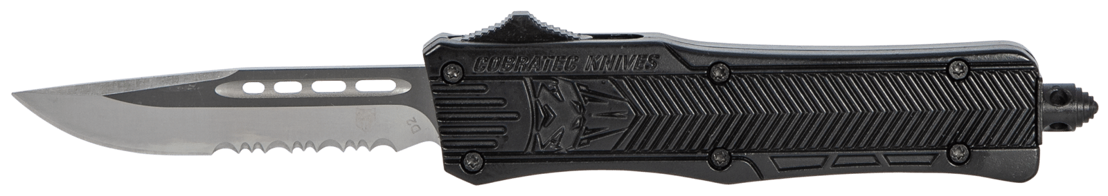 CobraTec Knives SBCTK1SDS CTK-1  Small 2.75" OTF Drop Point Part Serrated D2 Steel Blade/ Black Aluminum Handle Features Glass Breaker Includes Pocket Clip